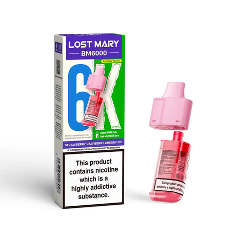 Lost Mary BM6000 pods packaging with Strawberry Raspberry Cherry Ice Flavour